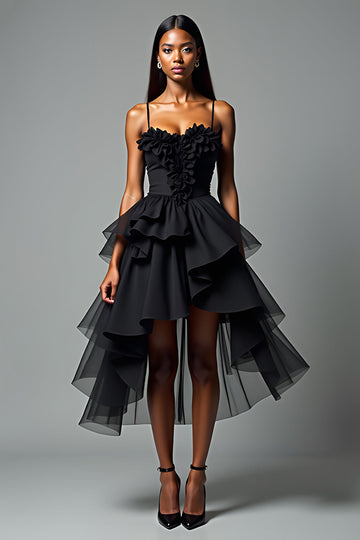 Black A Line Spaghetti Straps Tiered High-Low Formal Dress with Ruffles